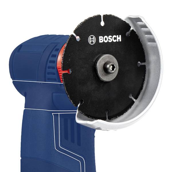 Ein blauer Winkelschleifer mit einer schwarzen Schneideradscheibe, markiert mit 'BOSCH'. Werkzeug zum Schneiden und Schleifen von Materialien.