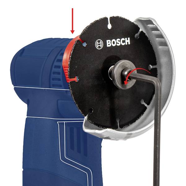 Ein blauer Winkelschleifer von Bosch mit rot markiertem Sicherheitsanzeigebereich und eingesetzter Schleifscheibe.
