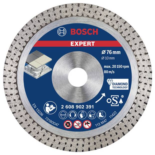 Kreissägeblatt von Bosch mit der Aufschrift 'Expert'. Durchmesser: 76 mm. Max. Umdrehungen: 20.150 pro Minute.