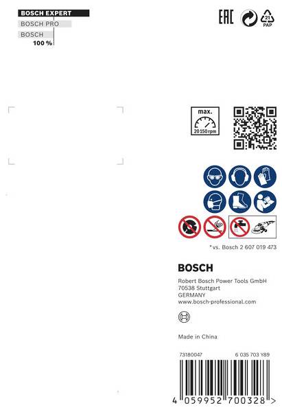Etikett eines Bosch-Produkts mit QR-Code, Sicherheits- und Gebrauchssymbolen. Kontakt- und Herstellerinformationen auf der Rückseite.