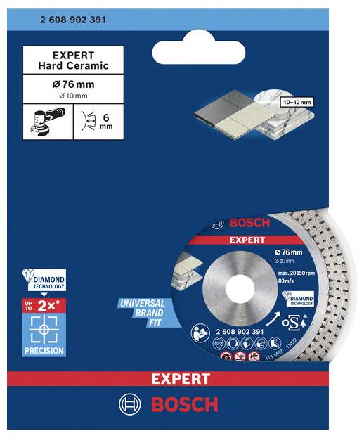 Verpackung für eine Bosch Diamanttrennscheibe 'Expert Hard Ceramic' Ø 76 mm mit Technologie- und Anwendungshinweisen.