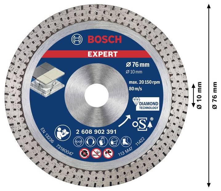 Rundes Diamantsägeblatt von Bosch, Durchmesser 76 mm, Stärke 10 mm. Beschriftet mit Produktspezifikationen und Nutzungsanweisungen.