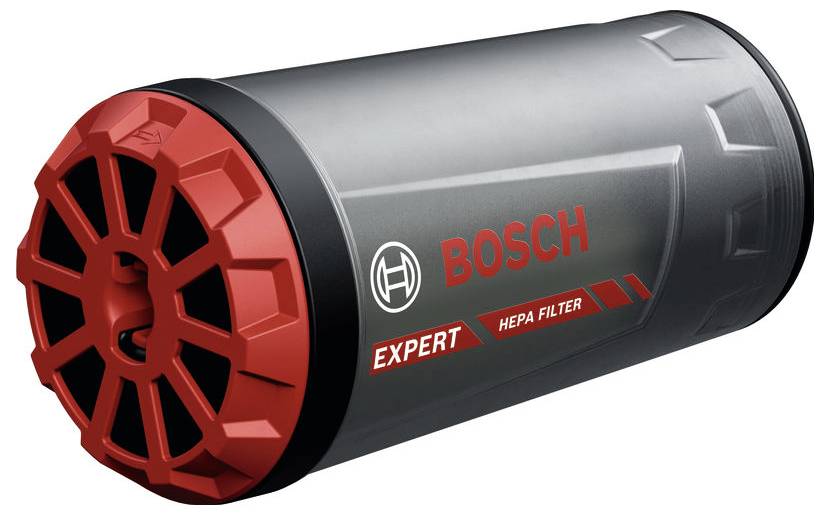 Ein grauer und roter Bosch Expert HEPA-Filter, zylinderförmig, mit rotem Schutzgitter an einem Ende. Markenname und -logo aufgedruckt.