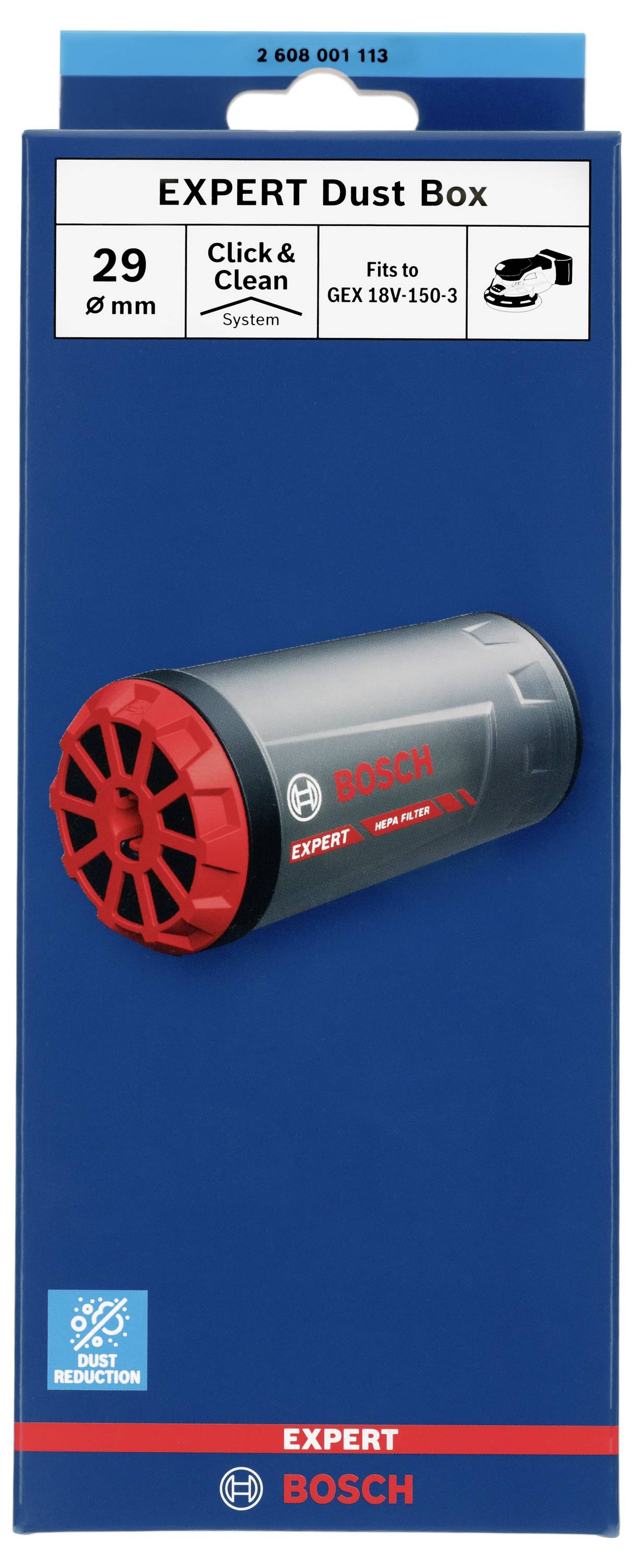 'Bosch Expert Dust Box', passend für GEX 18V-150-3, Click & Clean System, Durchmesser 29 mm, Abbildung der Staubbox mit rotem Deckel.