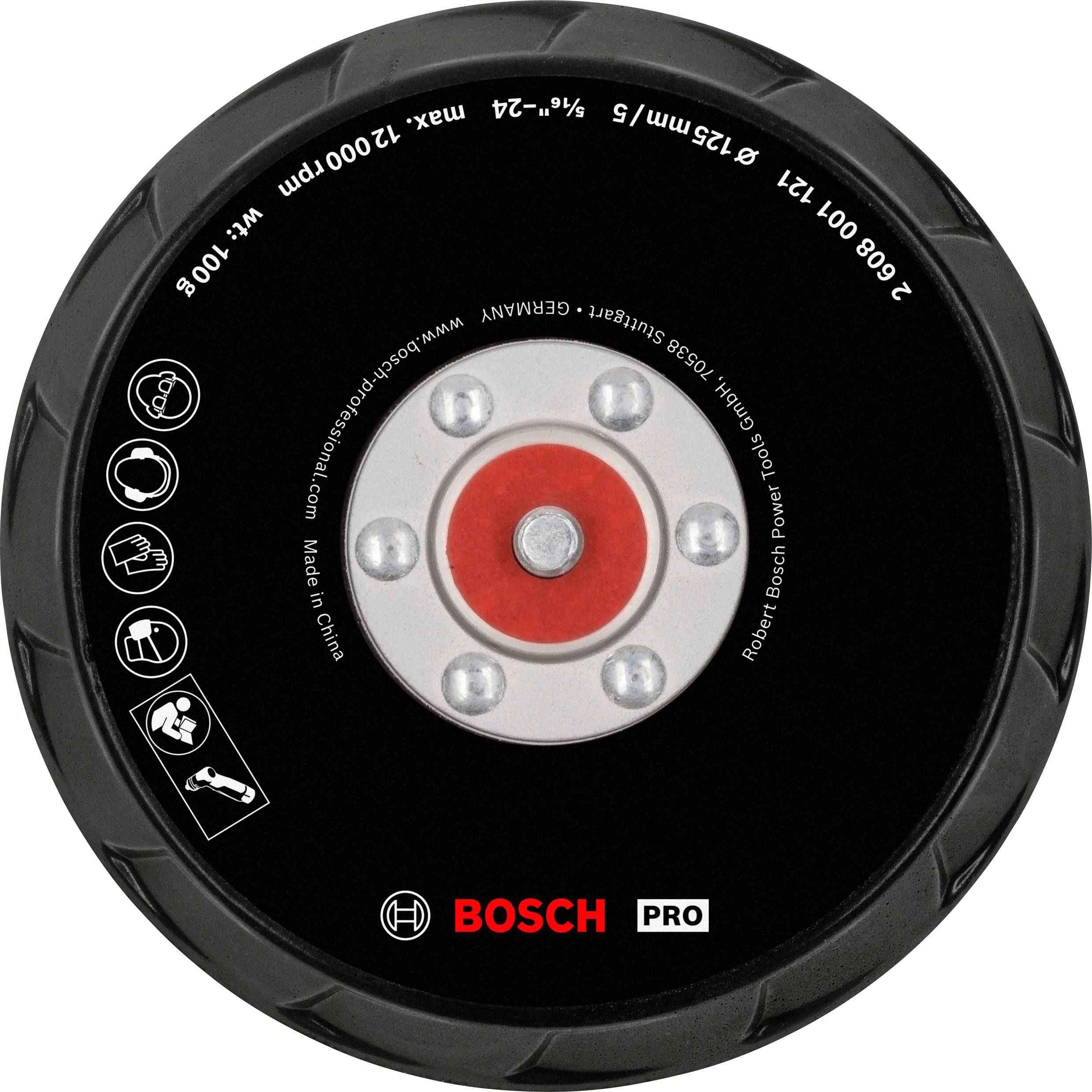 Eine schwarze Schleifscheibe von Bosch Pro, maximal 12.000 U/min, mit roten Details in der Mitte und Symbolen am Rand.