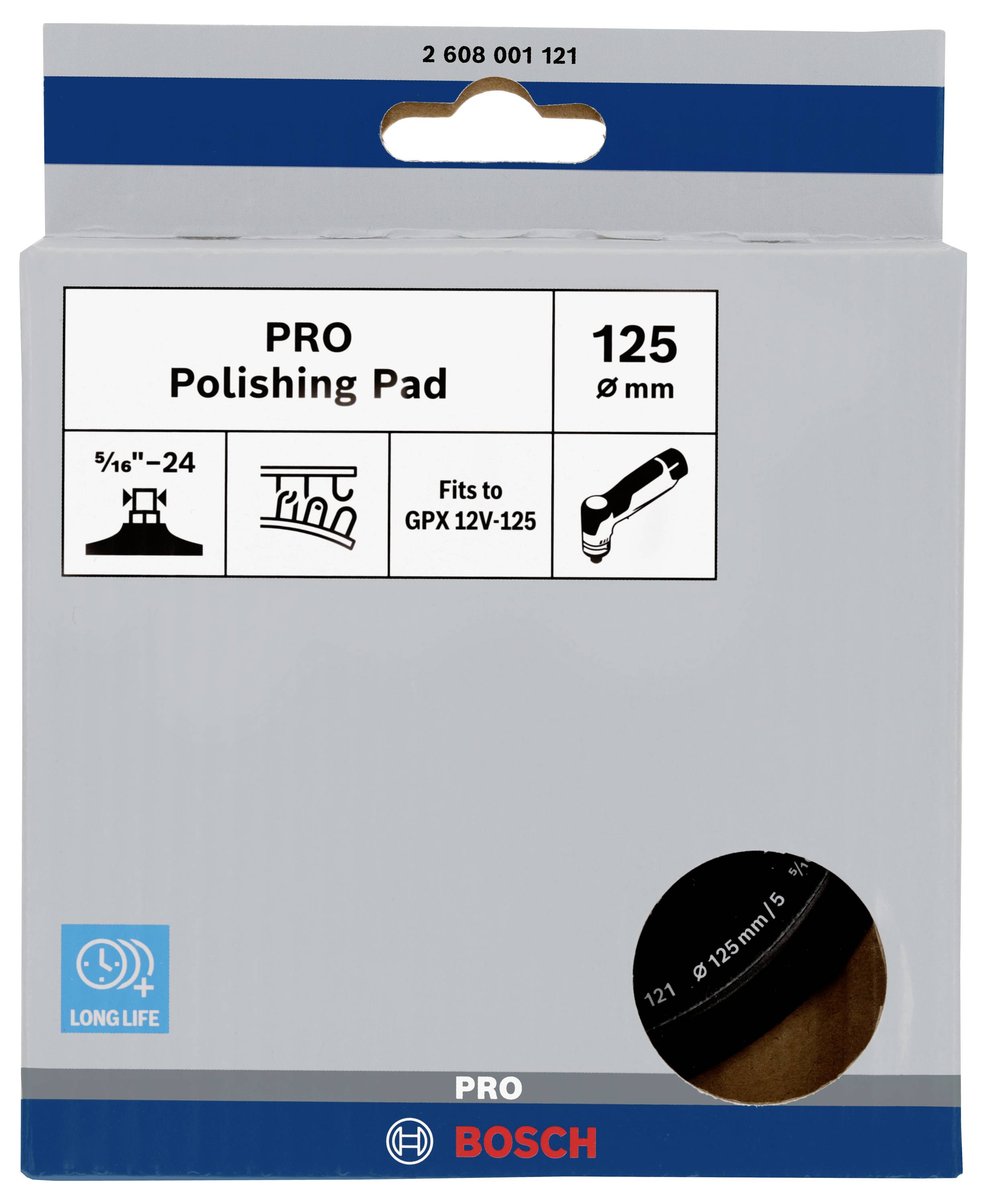 Grauer Karton mit der Aufschrift 'PRO Polishing Pad', Durchmesser 125 mm, Bosch-Logo. Geeignet für GPX 12V-125. Symbole für lange Lebensdauer.