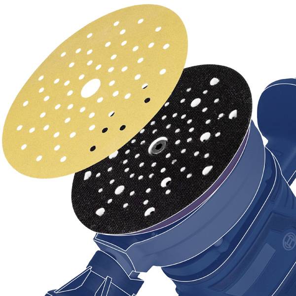 Zwei Schleifscheiben in verschiedenen Farben, gelb und schwarz, mit Löchern, liegen über einem blauen Schleifer in Nahansicht.