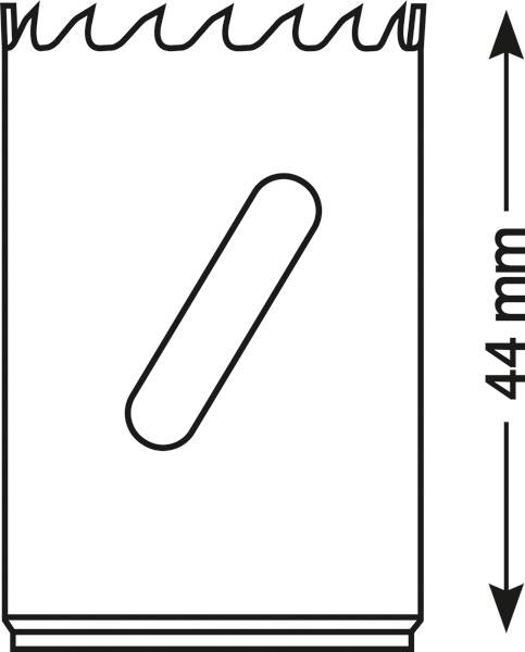 Grafische Darstellung eines rechteckigen Objekts mit gezacktem Rand oben und einer diagonalen Linie in der Mitte. Höhe: 44 mm.