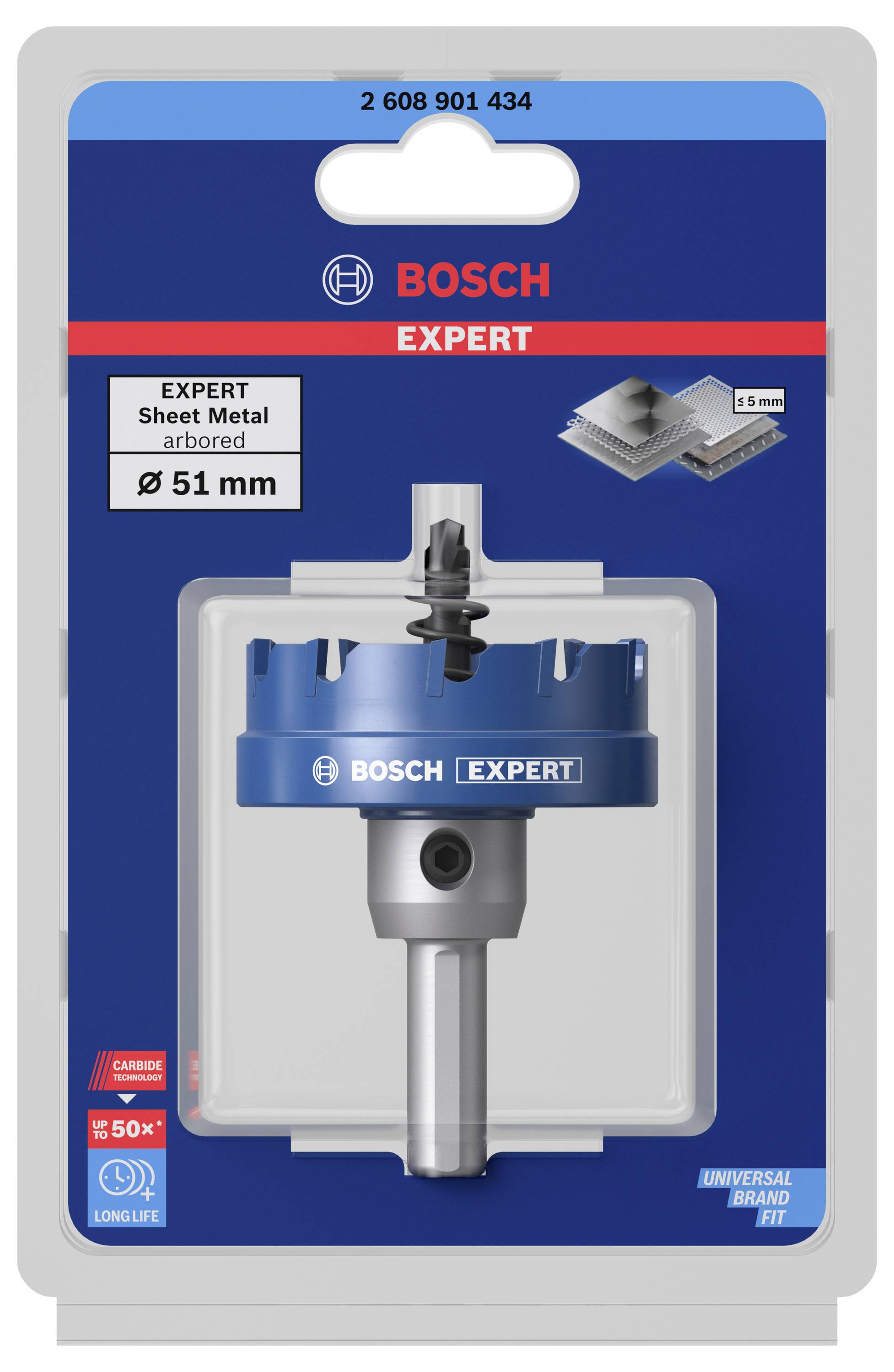 Bohrer für Blechmetall von Bosch Expert, Durchmesser 51 mm, geeignet für Materialien bis 5 mm Stärke. Verpackung mit Logo und Produktbild.