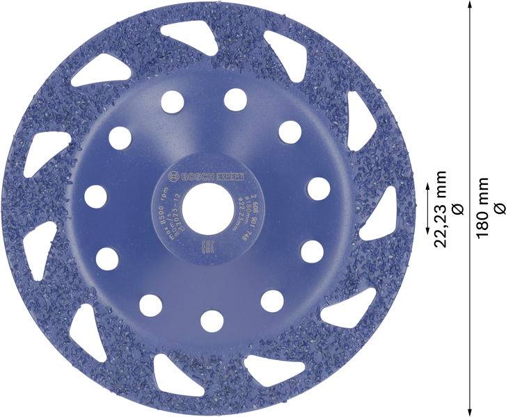 Blauer Schleifteller mit mehreren Löchern und gezacktem Rand. Beschriftet mit '22,23 mm' und '180 m Ø'.