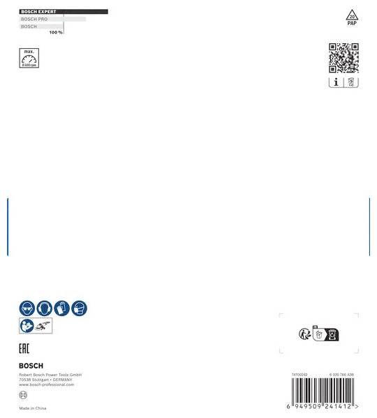 Weiße Verpackung einer Bosch Expert Schleifscheibe mit QR-Code, Produktinformationen, Sicherheits- und Anwendungssymbolen.