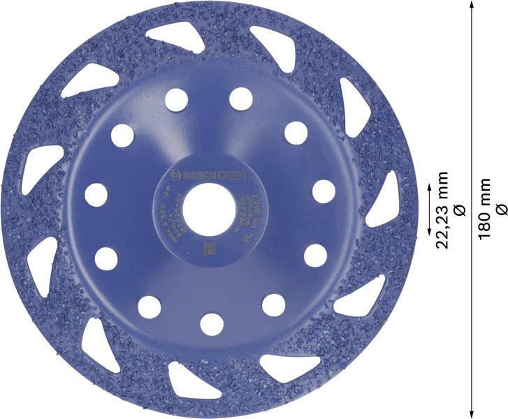 Blaue Schleiftopf, Durchmesser 180 mm, 22,23 mm Bohrung, mit segmentierten Rändern für effizientes Schleifen von Materialien.