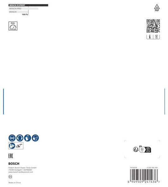 Verpackungsrückseite einer Bosch-Sägeklinge mit Logo, Produktinformationen, Barcode und Symbolen zur Nutzung sowie Herstellerangaben.