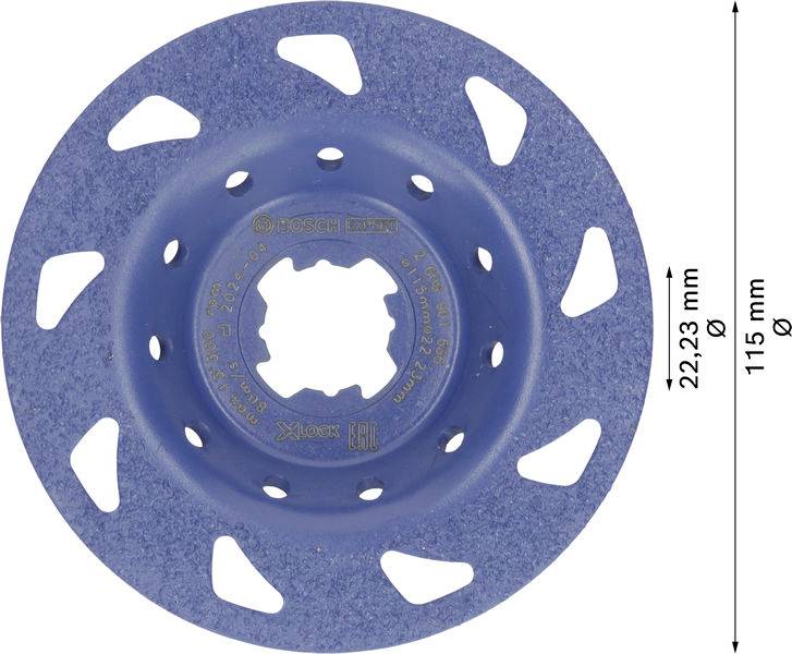 Blauer Schleifteller mit runder, gezackter Form. Durchmesser 115 mm, Kernöffnung 22,23 mm.