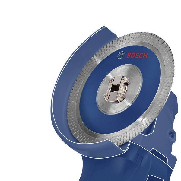 Winkelschleifer mit blauem Gehäuse und Bosch-Logo auf der Scheibe.