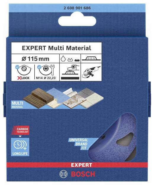 Die Verpackung zeigt eine 'EXPERT Multi Material' Trennscheibe von Bosch, kompatibel mit verschiedenen Materialien und Werkzeugen.