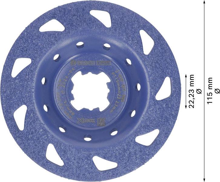 Scheibenförmiges Schleifwerkzeug in Blau mit mehreren symmetrischen Einkerbungen. Aufschrift: 'BOSCH Expert'. Maße: Durchmesser 115 mm, Loch 22,23 mm.