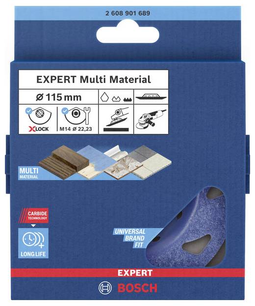 Verpackung einer Bosch Expert Trennscheibe für Multi-Materialien, zeigt Trennscheibe und Symbole für Materialkompatibilität und Haltbarkeit.