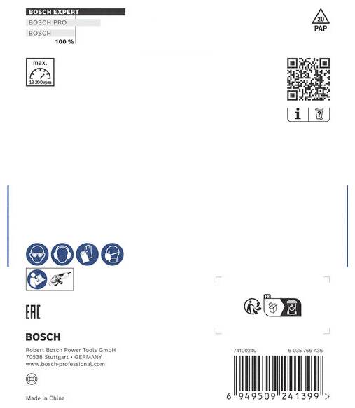 Verpackungsrückseite eines Bosch-Produkts mit QR-Code, Produktinformationen und Symbolen zur Handhabung und Entsorgung.