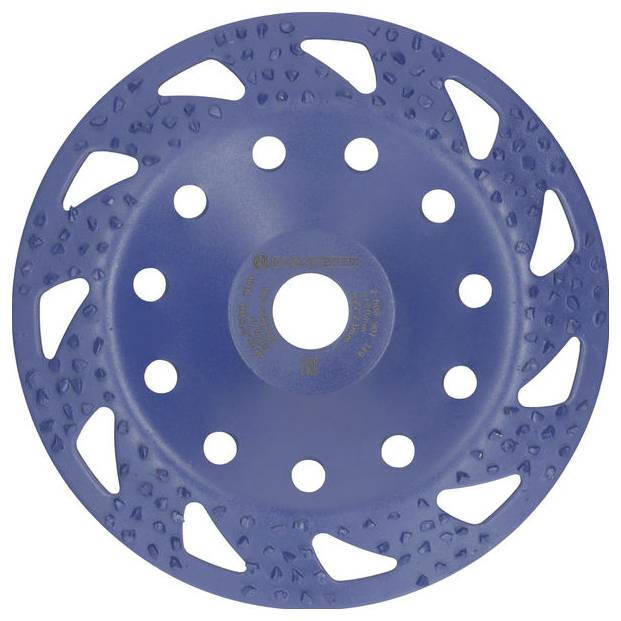 Ein blauer Schleifaufsatz mit symmetrischen Löchern und gezackten Kanten. Geeignet für das Schleifen von Beton oder Steinoberflächen.