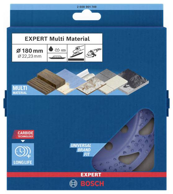 Verpackung eines Bosch-Trennscheiben-Sets für Multi-Materialien. Enthält Symbole für Holz, Kunststoff, Metall und Fliesen.