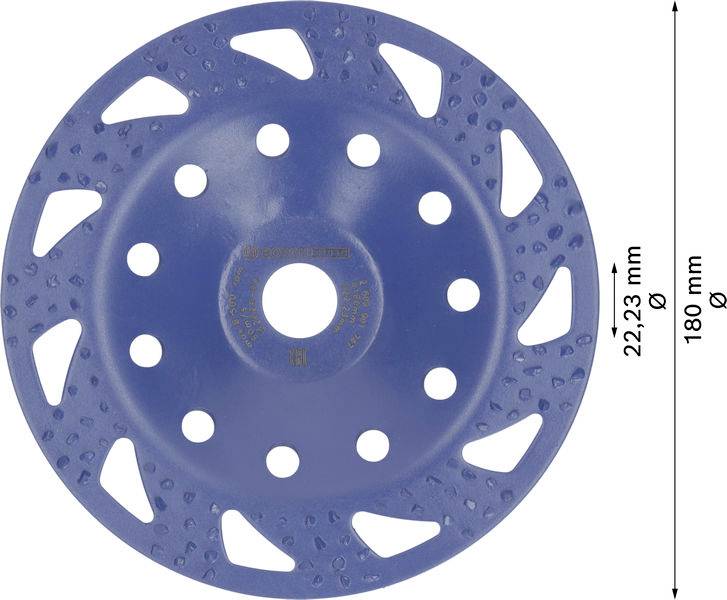 Blauer Schleifteller mit Löchern und gezackten Rändern, 180 mm Durchmesser, 22,23 mm Bohrung. Werkzeug zur Materialbearbeitung.