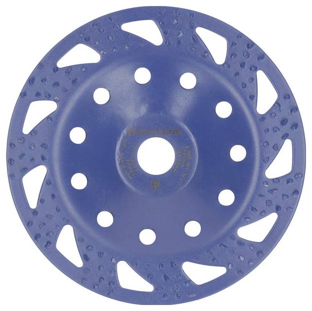 Eine runde Schleifscheibe mit blauer Farbe, mehreren runden Löchern und schrägen Schlitzen. Hauptsächlich zum Abschleifen von Materialien.