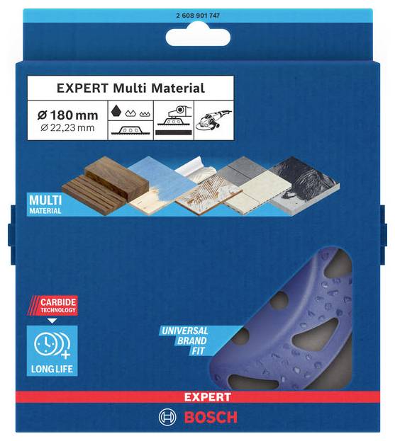 'EXPERT Multi Material' Trennscheibe von Bosch, ø180 mm für verschiedene Materialien. Verpackung zeigt Anwendungsbeispiele und 'Universal Brand Fit'.