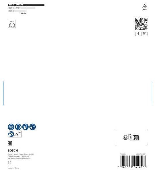 Das Bild zeigt die Verpackungsrückseite eines Bosch Power Tools Produkts. Oben links steht 'BOSCH EXPERT', unten sind Symbole für Sicherheitsanweisungen.