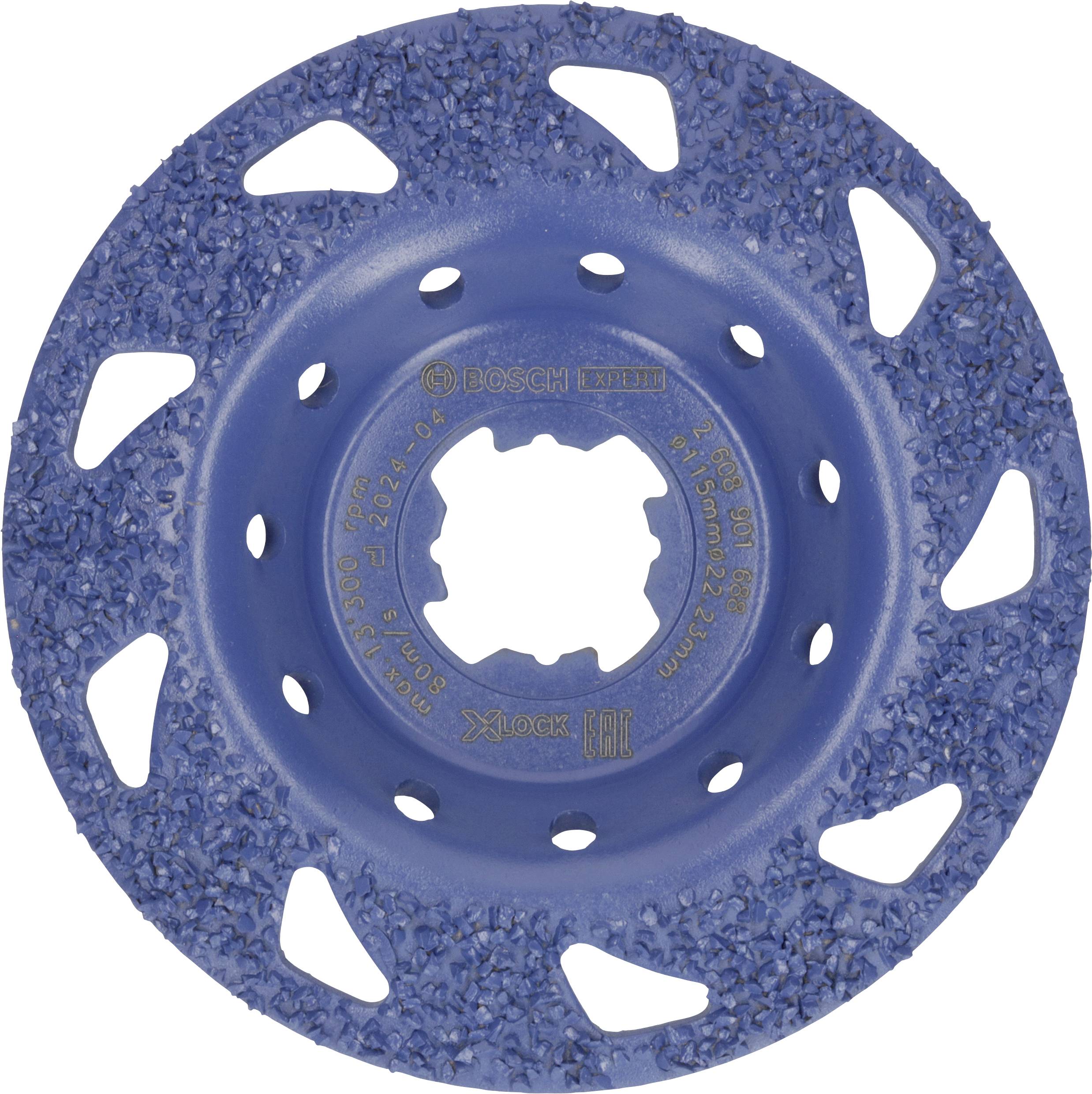 Blaue Schleifscheibe mit gezacktem Rand und runder Mitte, geeignet für Metallbearbeitung. Aufdruck zeigt Markenname und technische Daten.