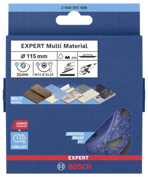 'EXPERT Multi Material' Verpackung mit Symbolen für Holz, Holz mit Nägeln, Mauerwerk, Kunststoff, Metall. Durchmesser Ø 115 mm.