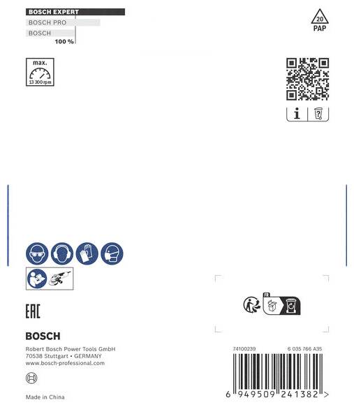Verpackungsrückseite eines Bosch-Produkts mit Logos, QR-Code und Produktinformationen. Enthält Symbole zur Entsorgung und Herkunftsangabe.