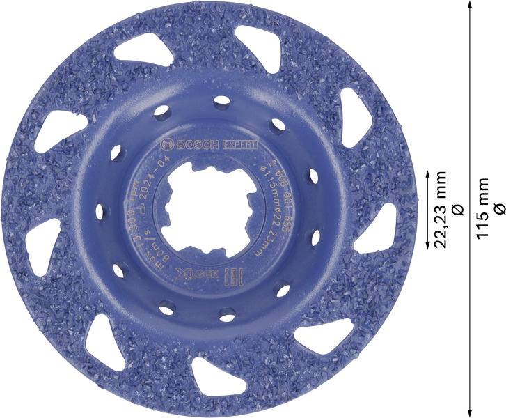 Blauer Schleifteller mit Beschriftungen 'Bosch Expert'. Durchmesser: 115 mm, Lochdurchmesser: 22,23 mm. Verwendet für Schleifarbeiten.