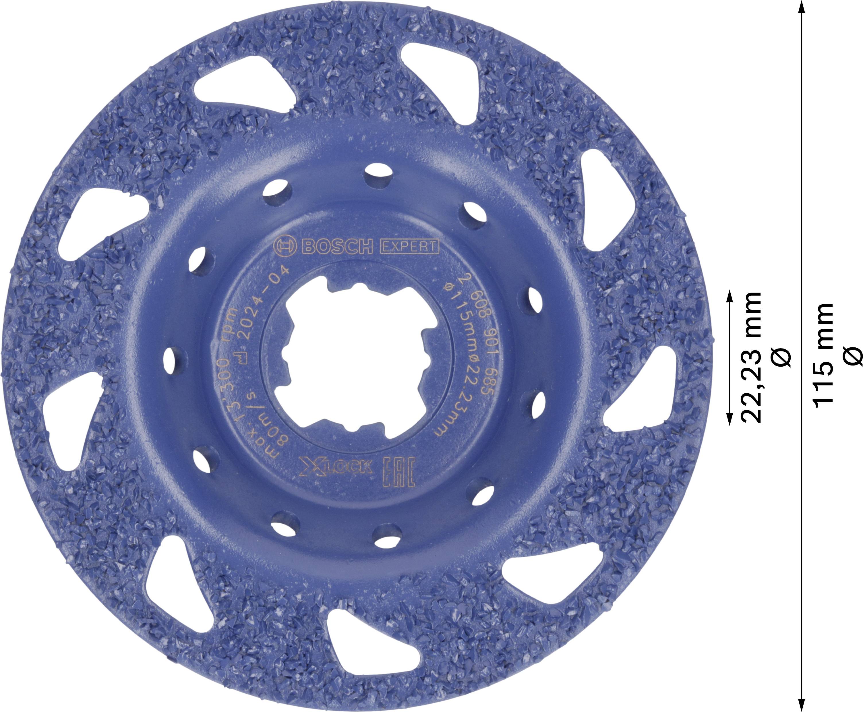 Blauer Schleifteller mit vielen Öffnungen und gezackter Kante, markiert mit 'Bosch Expert'. Dimensionen: Durchmesser 115 mm, Bohrung 22,23 mm.