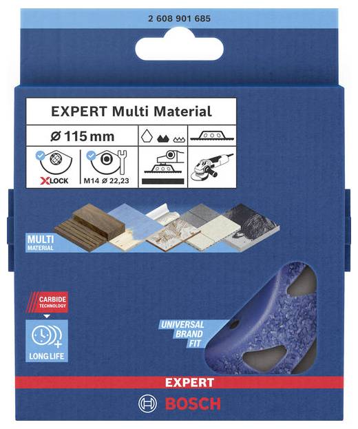 Verpackung einer Bosch 'Expert Multi Material' Schleifscheibe, ø 115 mm. Geeignet für verschiedene Materialien, mit X-Lock-System.