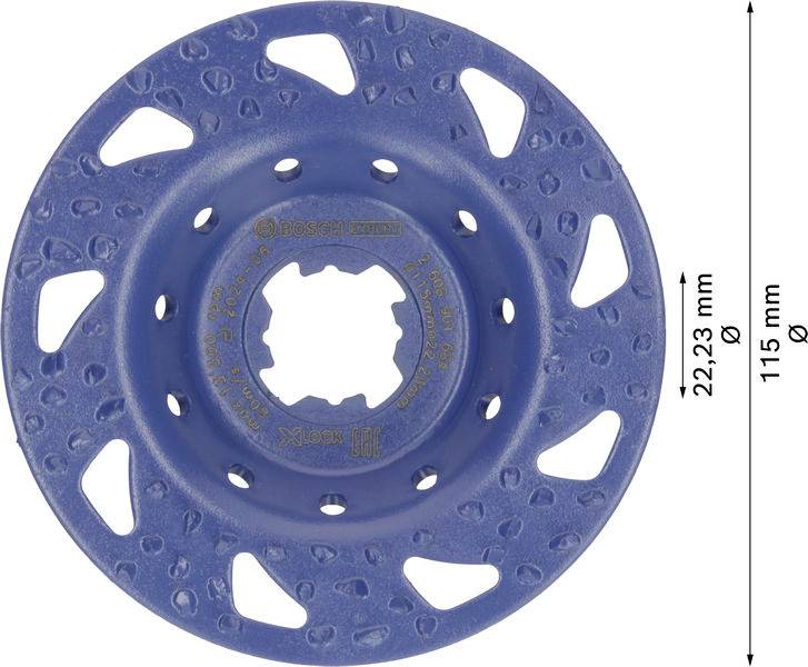 Blaues Schleifwerkzeug mit vielen Löchern, Durchmesser 115 mm, ausgewiesen für präzise Schleifarbeiten.