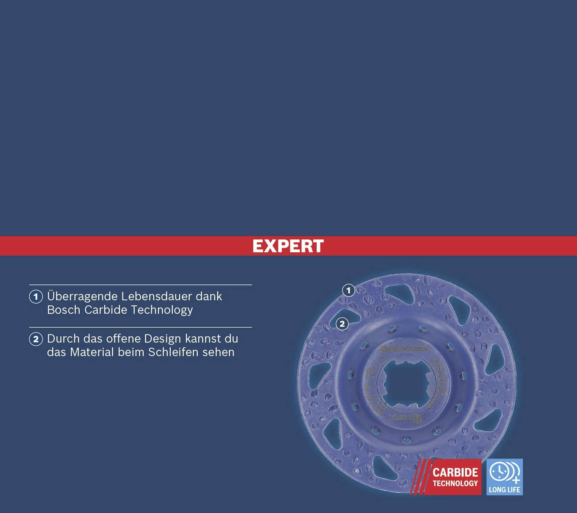 Bosch Expert Schleifscheibe mit langer Lebensdauer. Offenes Design ermöglicht Materialeinsicht beim Schleifen. Carbide Technology.