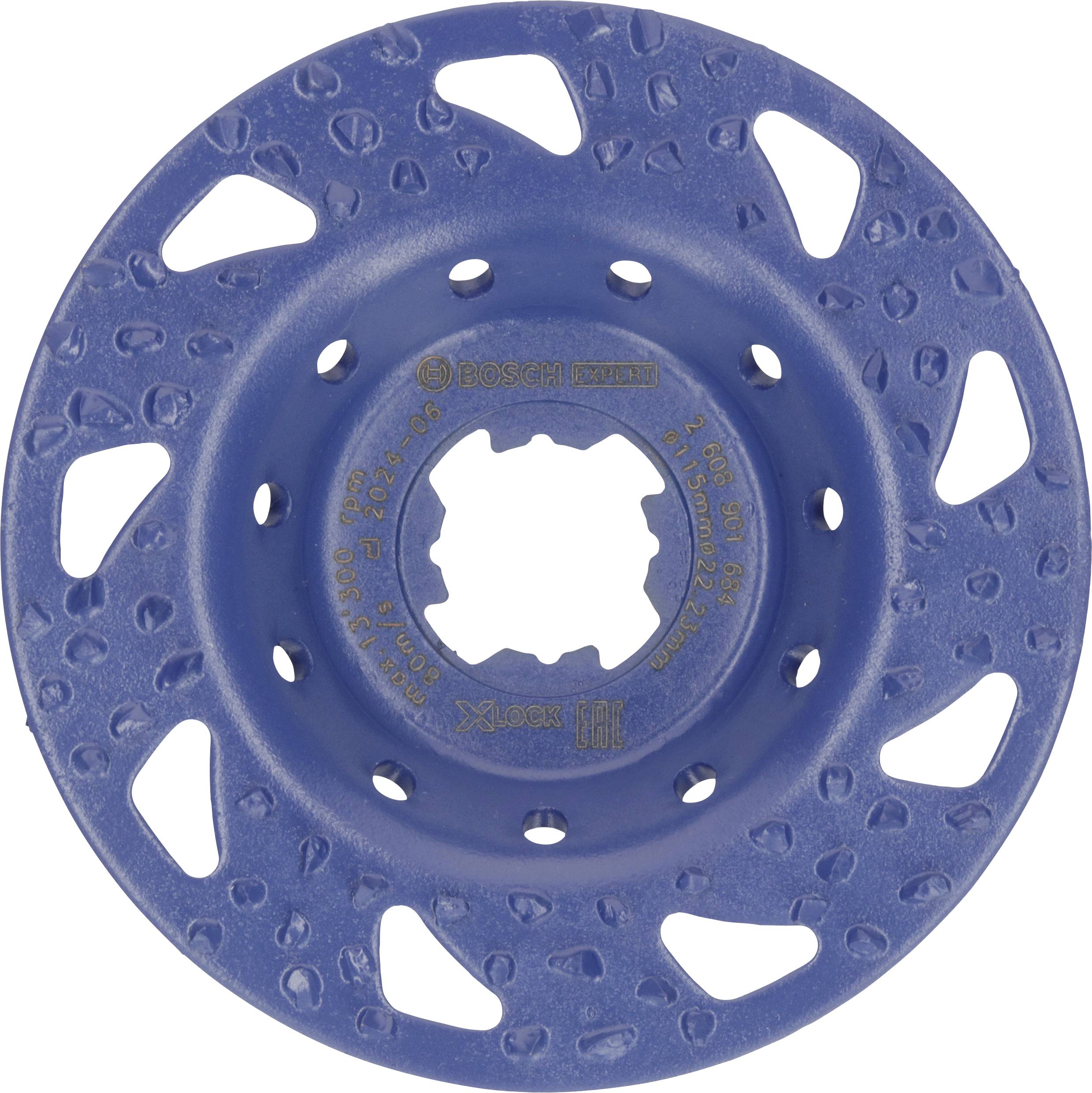 Blauer Schleifteller aus Metall mit Bosch-Logo, rund mit mehreren Schlitzen. Verwendet für Schleifarbeiten auf verschiedenen Oberflächen.