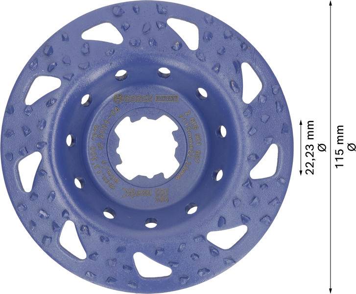 Ein blauer Schleifteller mit abgerundeten Öffnungen, Durchmesser 115 mm, Höhe 22,23 mm. Geeignet für grobes Schleifen.