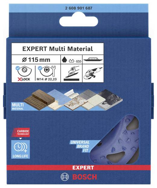 Verpackung einer Bosch Trennscheibe, geeignet für 115 mm Durchmesser, mit Multi-Material-Symbolen, X-Lock-Befestigung und blauen Details.