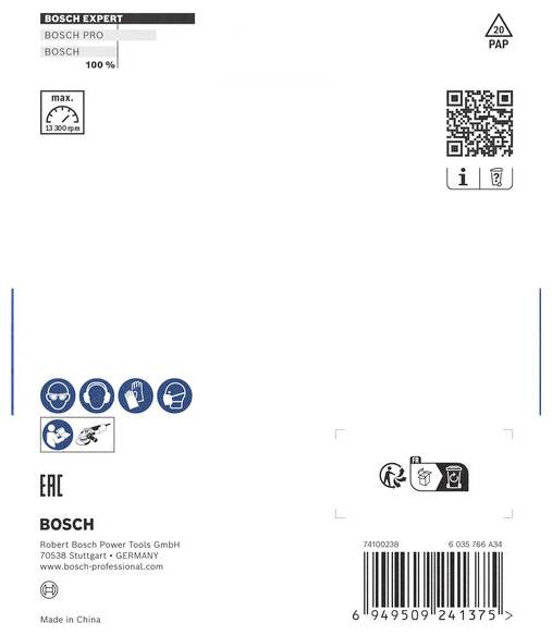 Verpackungsrückseite für Bosch-Produkt. Oben ein Logo und QR-Code, unten Symbole und Herstelleradresse in Stuttgart, Deutschland.