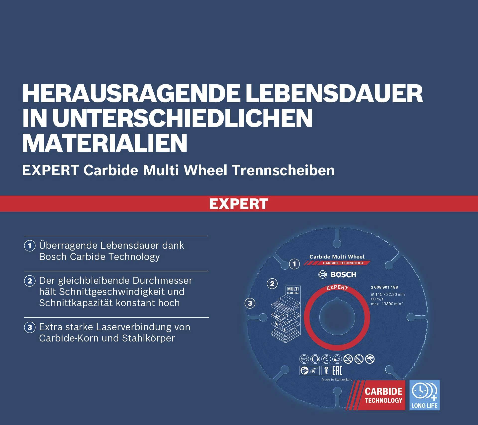 'Herausragende Lebensdauer in unterschiedlichen Materialien' - Erklärt die Eigenschaften der Bosch Expert Carbide Multi Wheel Trennscheiben.
