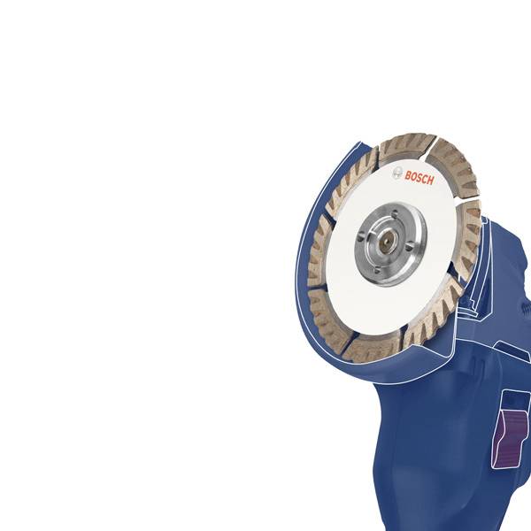 Eine Nahaufnahme einer Bosch Diamanttrennscheibe, montiert auf einem blauen Winkelschleifer, geeignet für präzises Schneiden von Materialien.