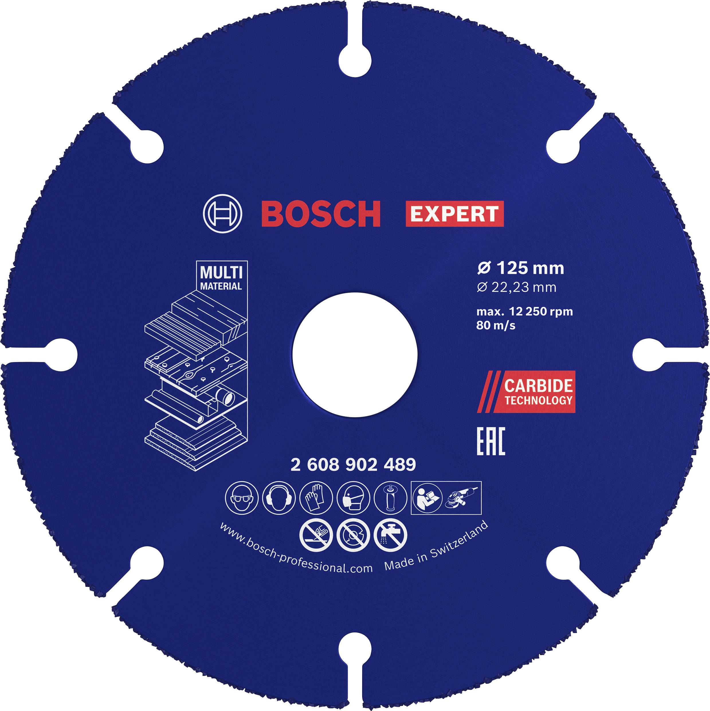 Kreissägeblatt 'Bosch Expert', speziell für MultiMaterial, Durchmesser 125 mm. Maximale Drehzahl: 12.250 U/min.