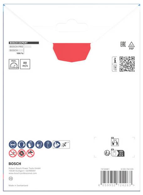 Rückseite einer Bosch-Verpackung für Stichsägeblätter mit Logos für Sicherheitshinweise und QR-Code. Enthält Firmenadresse und Produktspezifikationen.
