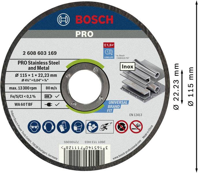 'Bosch PRO' Trennscheibe für Edelstahl, Durchmesser 115 mm, Dicke 1 mm. Geeignet für hohe Drehzahlen bis 13.300 U/min.