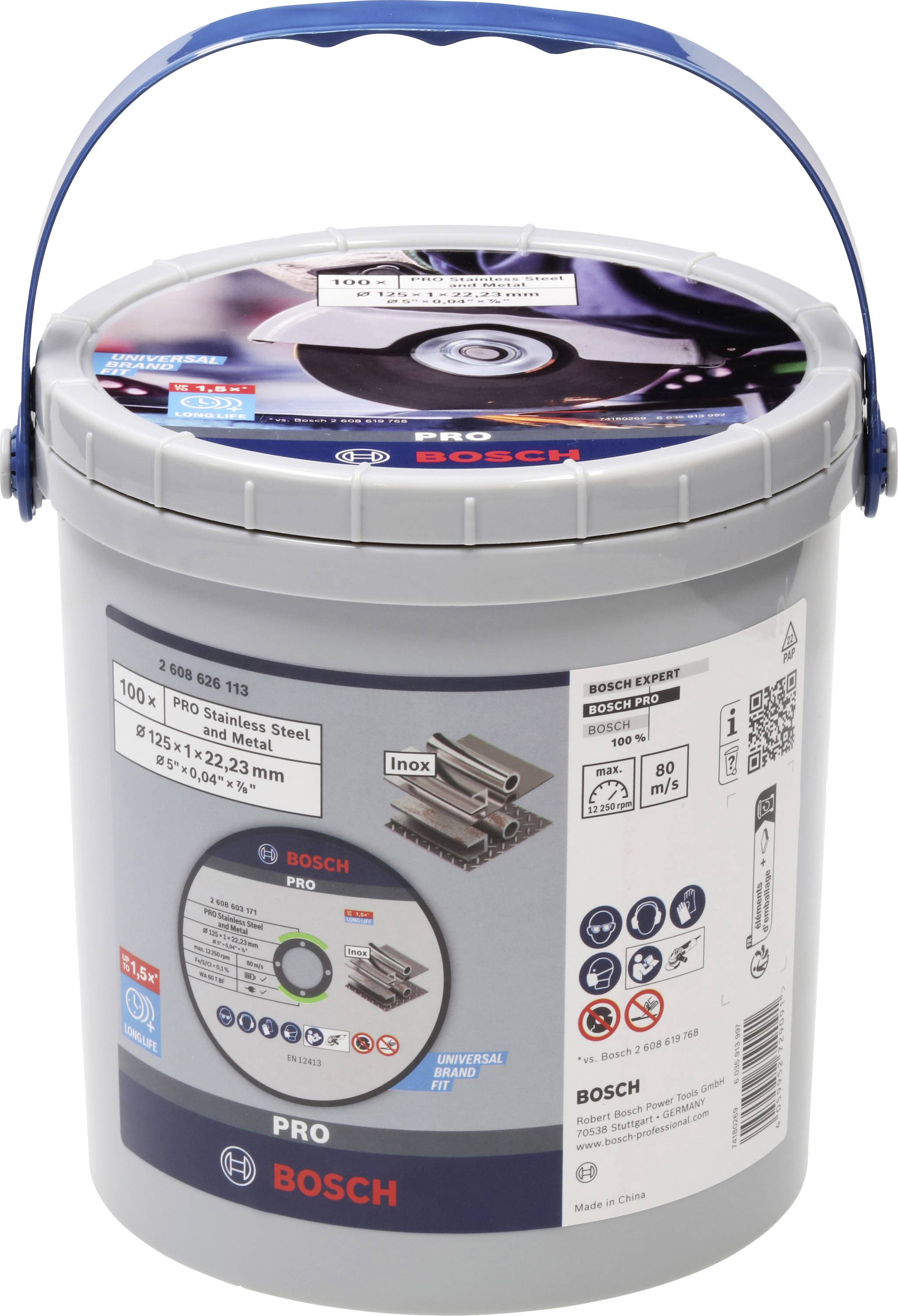 Grauer Eimer mit blauem Griff zeigt Produktabbildungen und Informationen für Bosch Pro Inox Schleifscheiben aus Edelstahl.