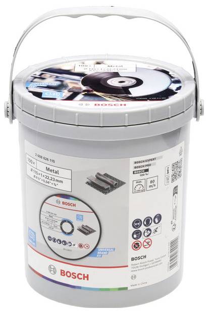 Ein grauer Eimer von Bosch mit Schleifscheiben für Metall. Deckel zeigt ein Bild der Anwendung. Enthält technische Details und Produktinformationen.