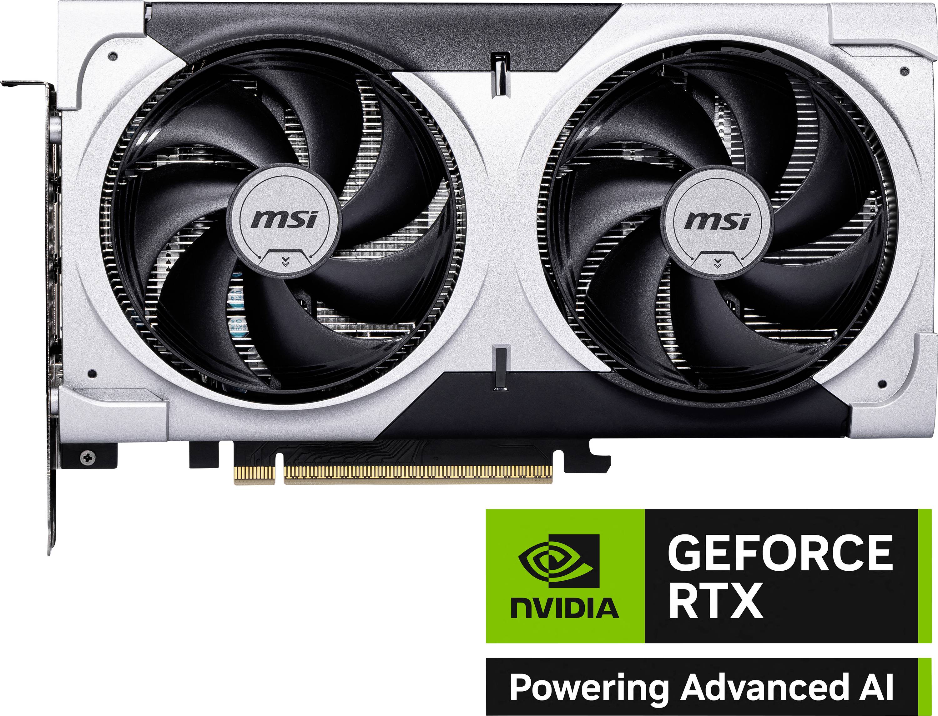 Grafikkarte mit zwei Lüftern. Aufdruck 'msi'. Rechts unten Nvidia-Logo mit Text 'GEFORCE RTX' und 'Powering Advanced AI'.
