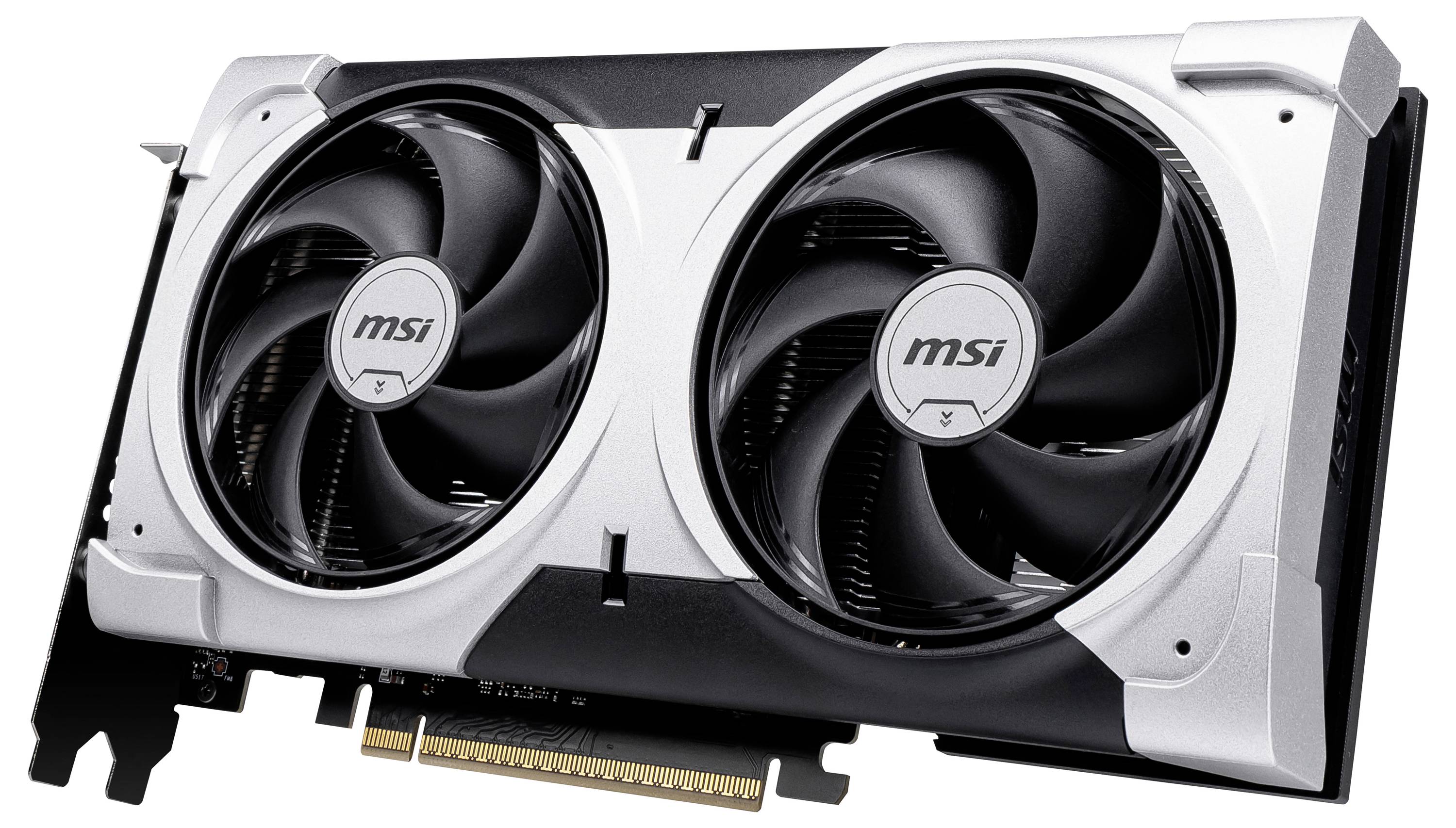 Moderne Grafikkarte mit zwei großen Lüftern und silbernen Akzenten, die für verbesserte Kühlung und hohe Rechenleistung sorgt.